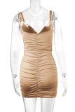 Khaki Sexy Casual Solid Patchwork Backless Fold V Neck Sling Dress Dresses
