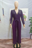Purple Casual Solid Patchwork V Neck Skinny Jumpsuits