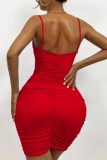 Red Sexy Casual Solid Patchwork Backless Fold V Neck Sling Dress Dresses