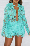 Light Blue Sexy Casual Solid Hollowed Out See-through V Neck Long Sleeve Two Pieces  And Short Set