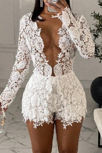 White Sexy Casual Solid Hollowed Out See-through V Neck Long Sleeve Two Pieces  And Short Set