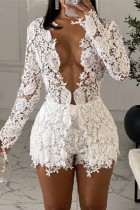 White Sexy Casual Solid Hollowed Out See-through V Neck Long Sleeve Two Pieces