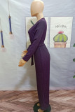 Purple Casual Solid Patchwork V Neck Skinny Jumpsuits