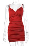 Red Sexy Casual Solid Patchwork Backless Fold V Neck Sling Dress Dresses