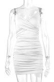 White Sexy Casual Solid Patchwork Backless Fold V Neck Sling Dress Dresses