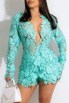 Light Blue Sexy Casual Solid Hollowed Out See-through V Neck Long Sleeve Two Pieces  And Short Set