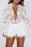 White Sexy Casual Solid Hollowed Out See-through V Neck Long Sleeve Two Pieces  And Short Set
