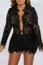 Black Sexy Casual Solid Hollowed Out See-through V Neck Long Sleeve Two Pieces  And Short Set