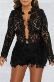 Black Sexy Casual Solid Hollowed Out See-through V Neck Long Sleeve Two Pieces