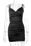 Black Sexy Casual Solid Patchwork Backless Fold V Neck Sling Dress Dresses