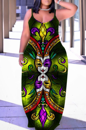 Green Sexy Casual Print Backless Spaghetti Strap Long Dress Dresses
