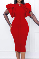 Red Casual Solid See-through Turndown Collar Long Sleeve Dresses