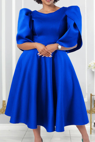 Blauwe casual effen patchwork O-hals A-lijn jurken