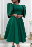 Donkergroene casual effen patchwork O-hals A-lijn jurken