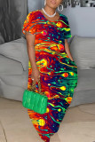 Многоцветное повседневное длинное платье с принтом и базовым круглым вырезом Платья больших размеров