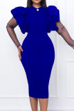 Deep Blue Casual Solid See-through Turndown Collar Long Sleeve Dresses