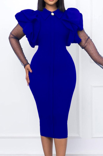 Royal Blue Casual Solid See-through Turndown Collar Long Sleeve Dresses