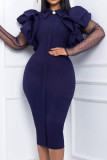 Royal Blue Casual Solid See-through Turndown Collar Long Sleeve Dresses