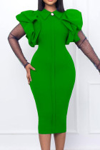 Зеленые повседневные однотонные платья с отложным воротником и длинными рукавами