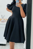 Черные повседневные однотонные платья в стиле пэчворк с круглым вырезом