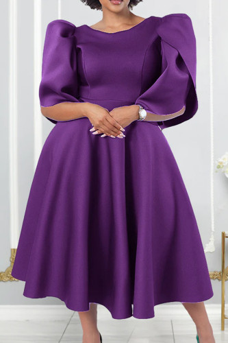 Фиолетовые повседневные однотонные лоскутные платья с круглым вырезом и трапецией