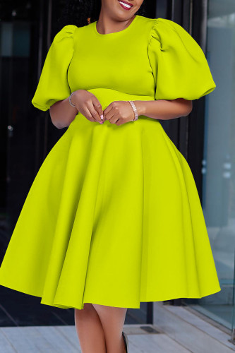 Зеленые желтые повседневные однотонные платья в стиле пэчворк с круглым вырезом