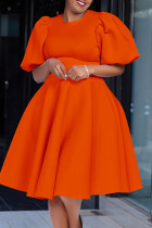 Orangefarbene, lässige, solide Patchwork-Kleider mit O-Ausschnitt und A-Linie