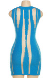 Blauwe sexy patchwork doorzichtige o-hals schede-jurken