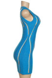 Blå Sexiga Patchwork Genomskinliga O-halsade klänningar