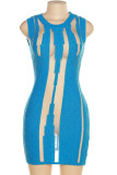 Blauwe sexy patchwork doorzichtige o-hals schede-jurken