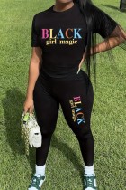 Black Casual Letter Print Basic O Neck Short Sleeve Two Pieces T-shirts Tops And Skinny Pants Sets