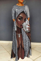 Silberfarbenes, lässiges, bedrucktes, langes Kleid mit Patchwork-Tasche und O-Ausschnitt
