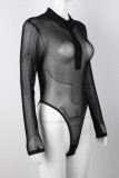 Black Sexy Solid Patchwork See-through Zipper Collar Skinny Bodysuits