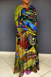 Коричневые повседневные длинные платья с принтом в стиле пэчворк и карманом с круглым вырезом