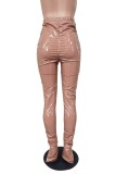 Brown Casual Solid Slit Fold Skinny High Waist Pencil Solid Color Trousers