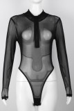 Bodysuits magros pretos sexy sólidos patchwork transparente com gola com zíper