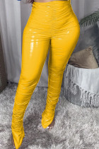 Pantalones de color sólido con lápiz de cintura alta ajustados con pliegues y aberturas sólidos casuales amarillos