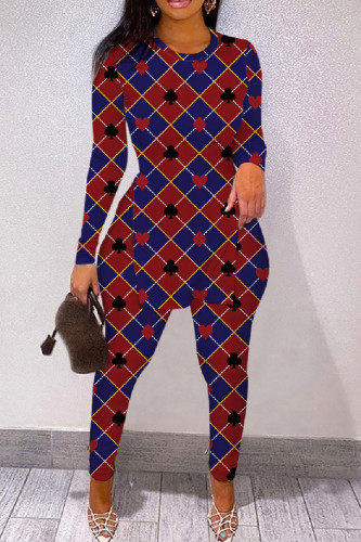 Purplish Red Casual Print Slit O Neck Long Sleeve Two Pieces