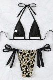 Schwarzer sexy Patchwork-Badeanzug mit Sportbekleidungsdruck (mit Polsterung)