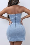 Blue Sexy Casual Solid Patchwork Backless Strapless Sleeveless Skinny Denim Dresses