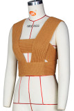 Camel Sexy Solid Bandage Patchwork Asymmetrical Collar Tops
