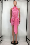 Pink Sexy Solid Patchwork Backless Halter Sleeveless Dress Dresses