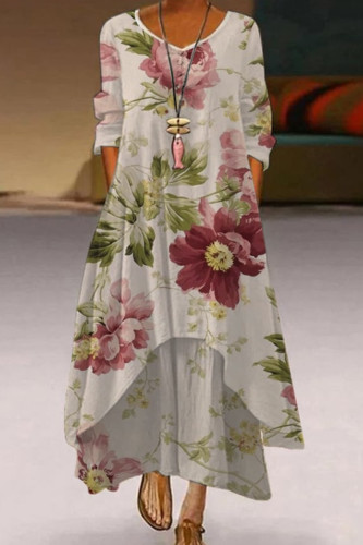White Casual Print Patchwork Pocket V Neck Long Dress Dresses