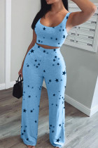 Sky Blue Casual Print The stars Vests Pants U Neck Sleeveless Two Pieces