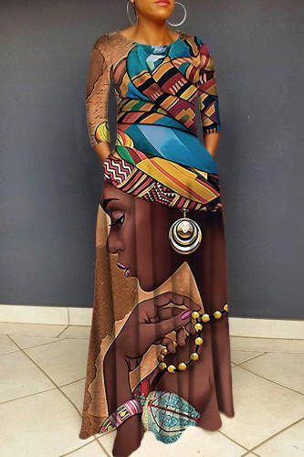 Brownness Casual Print Patchwork Pocket O Neck Long Dress Dresses