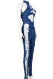 Ковбойский синий уличный однотонный рваный пэчворк с застежкой-молнией и круглым вырезом без рукавов с высокой талией узкие джинсовые комбинезоны