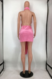 Roze sexy effen patchwork rugloze halter mouwloze jurkjurken