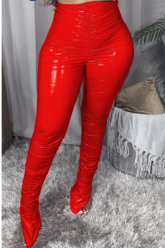 Rode casual effen skinny broek met hoge taille, potlood en effen kleur