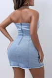 Blue Sexy Casual Solid Patchwork Backless Strapless Jeans Dress Sleeveless Skinny Denim Dresses