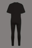 Черные повседневные базовые двухкомпонентные брюки с коротким рукавом и круглым вырезом с буквенным принтом